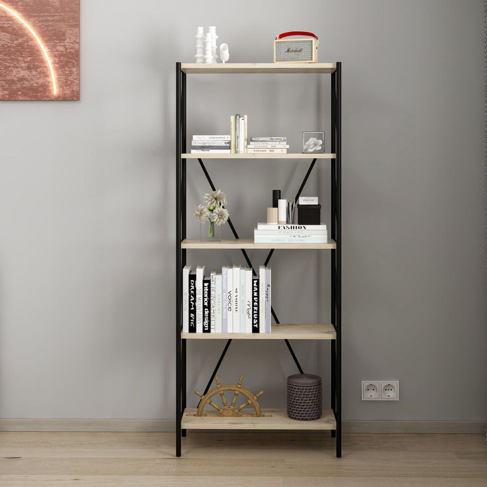 Libreria nera e rovere Axel 62x26x150H - Stile industriale e funzionalità per ogni ambiente