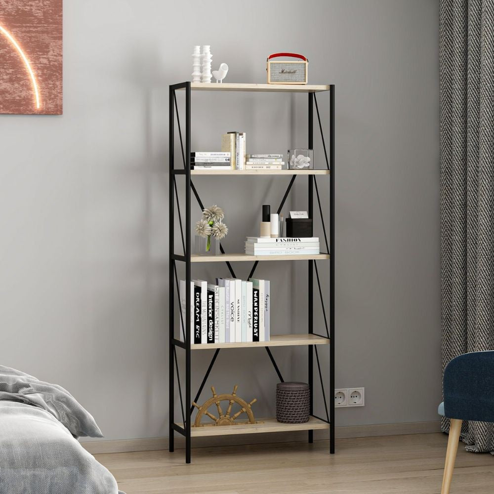 Libreria nera e rovere Axel 62x26x150H - Stile industriale e funzionalità per ogni ambiente