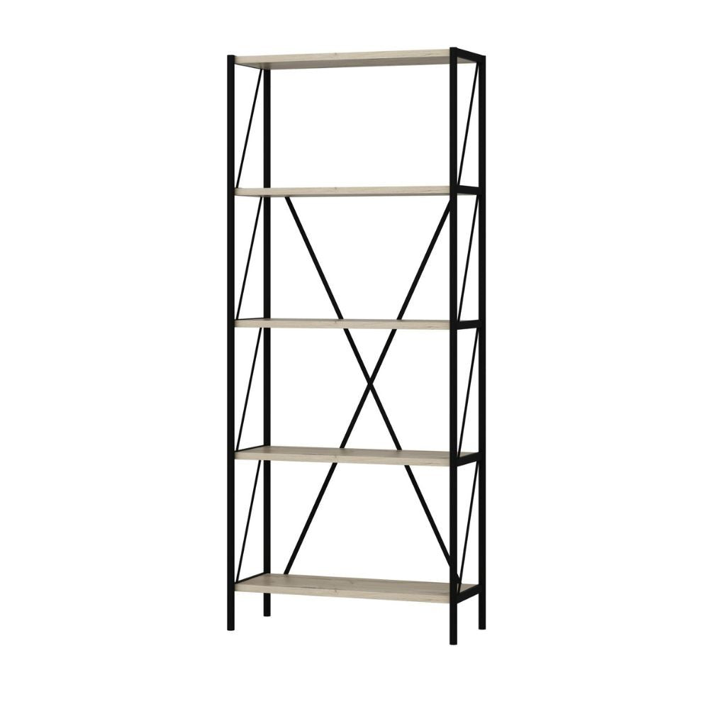 Libreria nera e rovere Axel 62x26x150H - Stile industriale e funzionalità per ogni ambiente