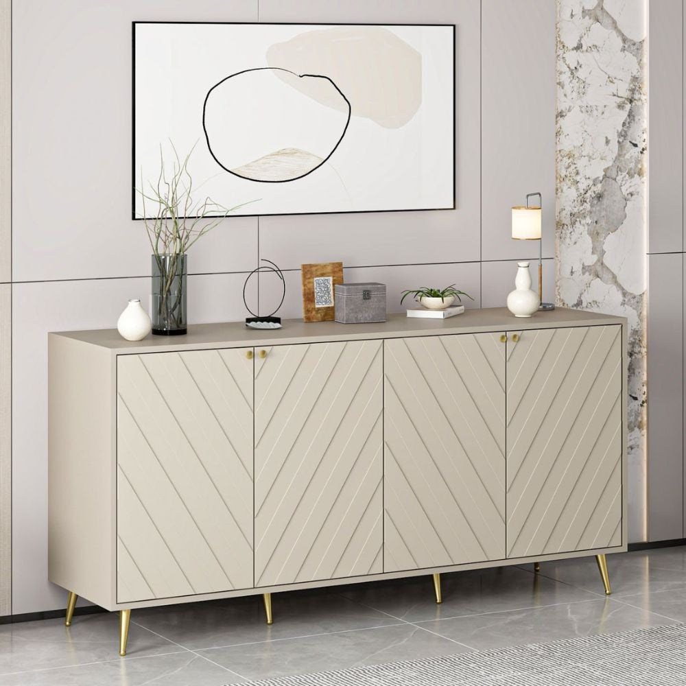 Madia Jana 4 Ante colore cashmere con intagli geometrici maniglie e piedini Oro - Eleganza e Funzionalità per il Tuo Living