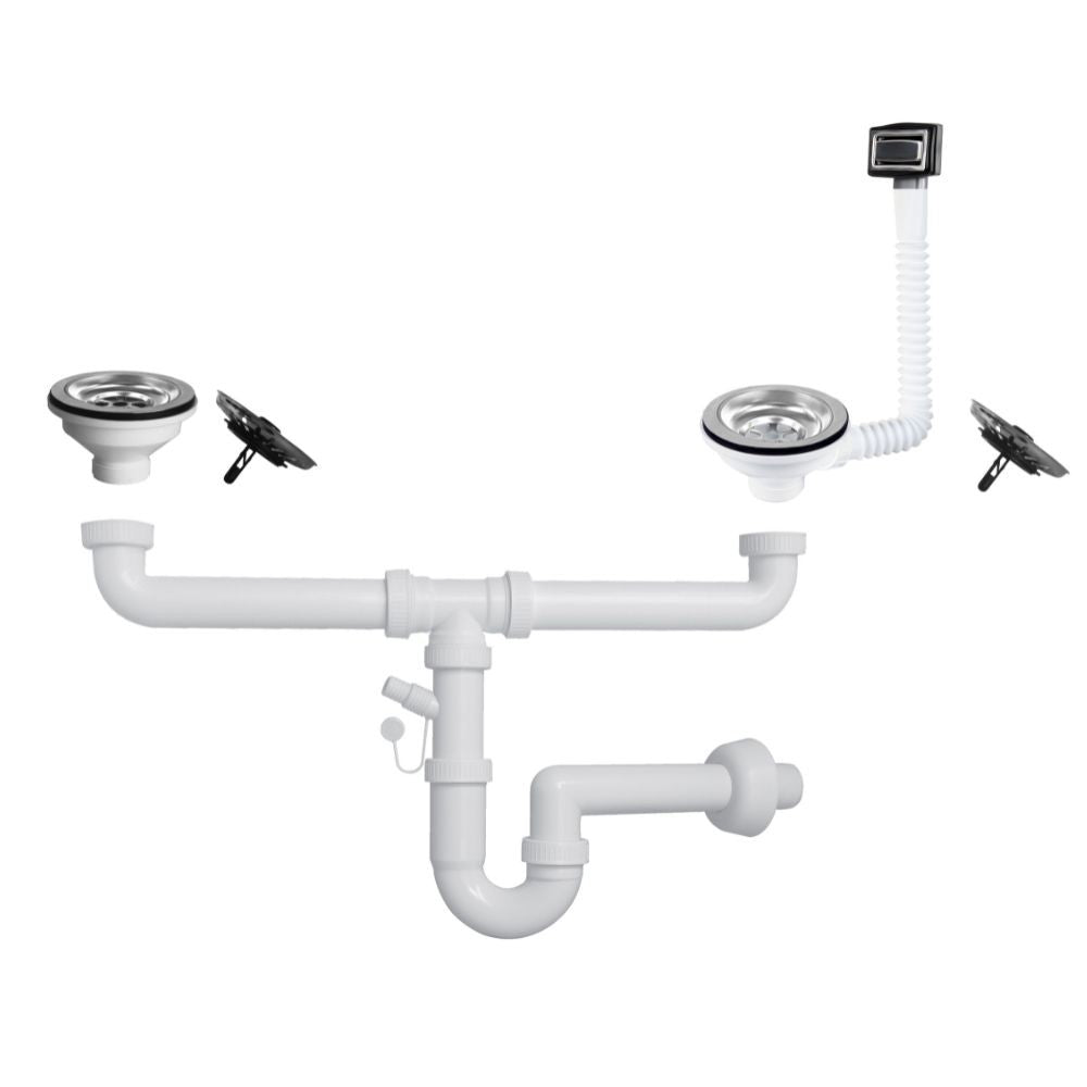 Sifone lavello a quarzo 2 vie attacco 1"  1/2  con pilettone ECO troppopieno rettangolare griglia inox SIFONEQUA