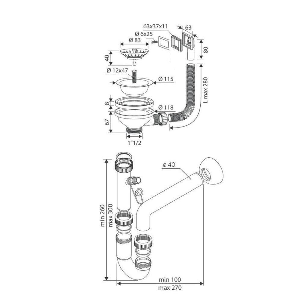 Sifone lavello a quarzo 1 via attacco 1"  1/2  con pilettone ECO troppopieno rettangolare griglia inox SIFONEQUA1V