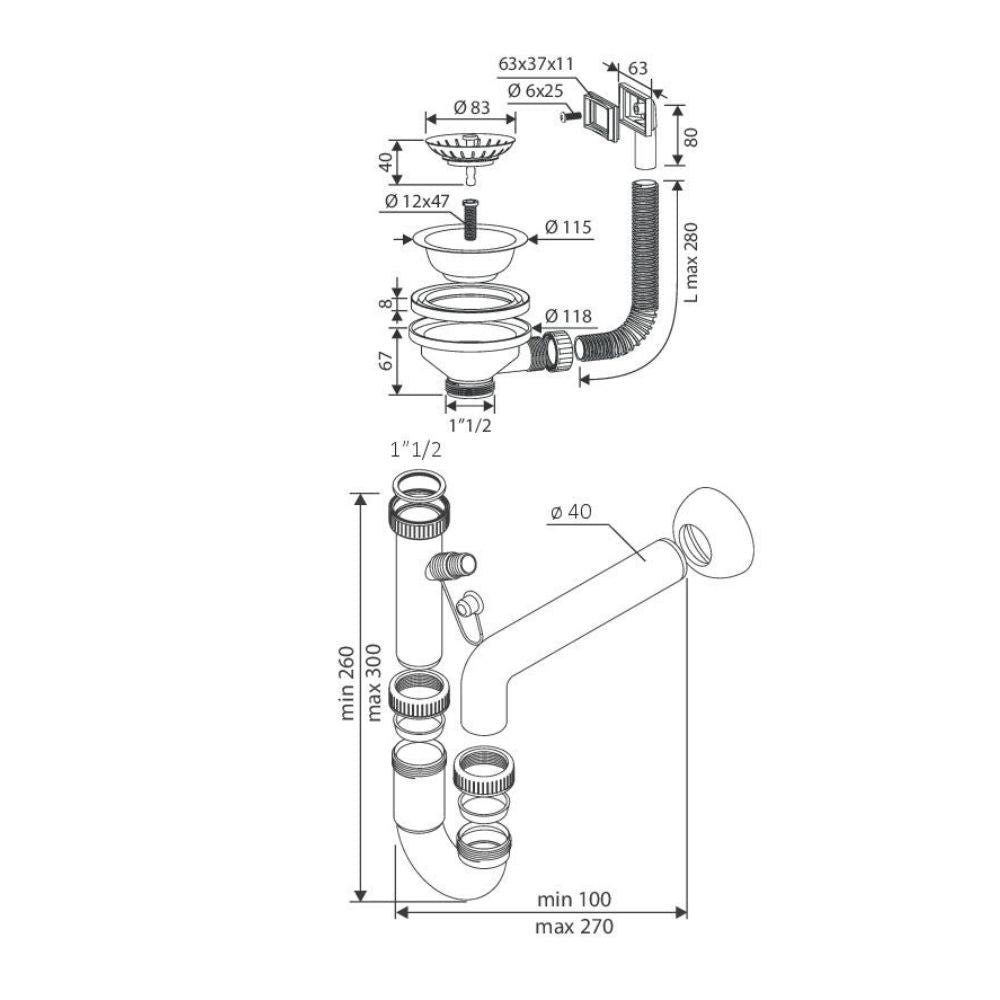 Sifone lavello 1 via attacco 1"  1/2  con pilettone ECO e scarico lavastoviglie S471710