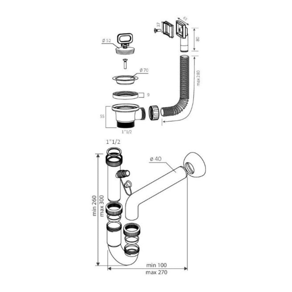 Sifone lavello 1 via attacco 11/4 con piletta da 2" e scarico lavastoviglie SIFONE1V114