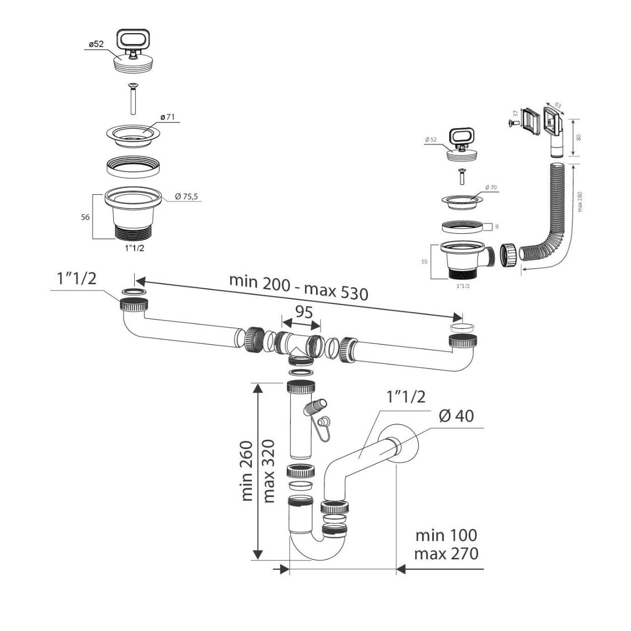 Sifone lavello 2 vie attacco 1"  1/2  con piletta da 2" e scarico lavastoviglie SIFONE2VCONCEPT