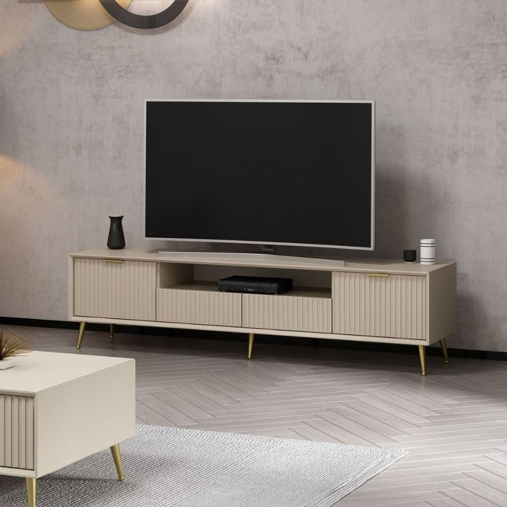 Porta TV Kale cashmere effetto cannettato con piedi in metallo oro 180x35x45H
