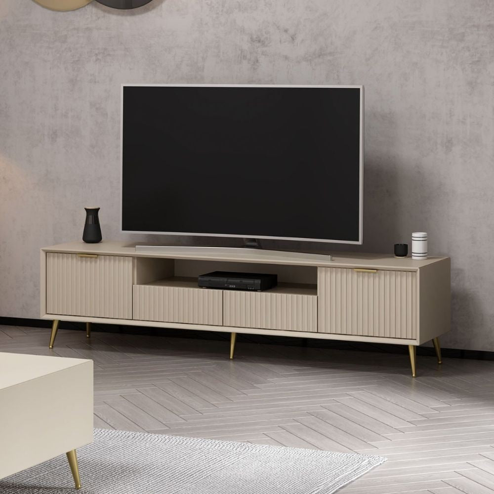 Porta TV Kale cashmere effetto cannettato con piedi in metallo oro 180x35x45H
