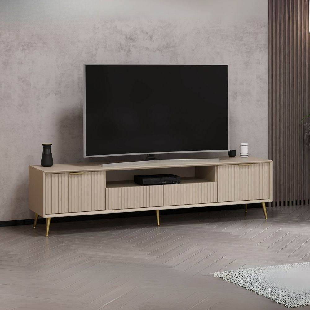Porta TV Kale cashmere effetto cannettato con piedi in metallo oro 180x35x45H