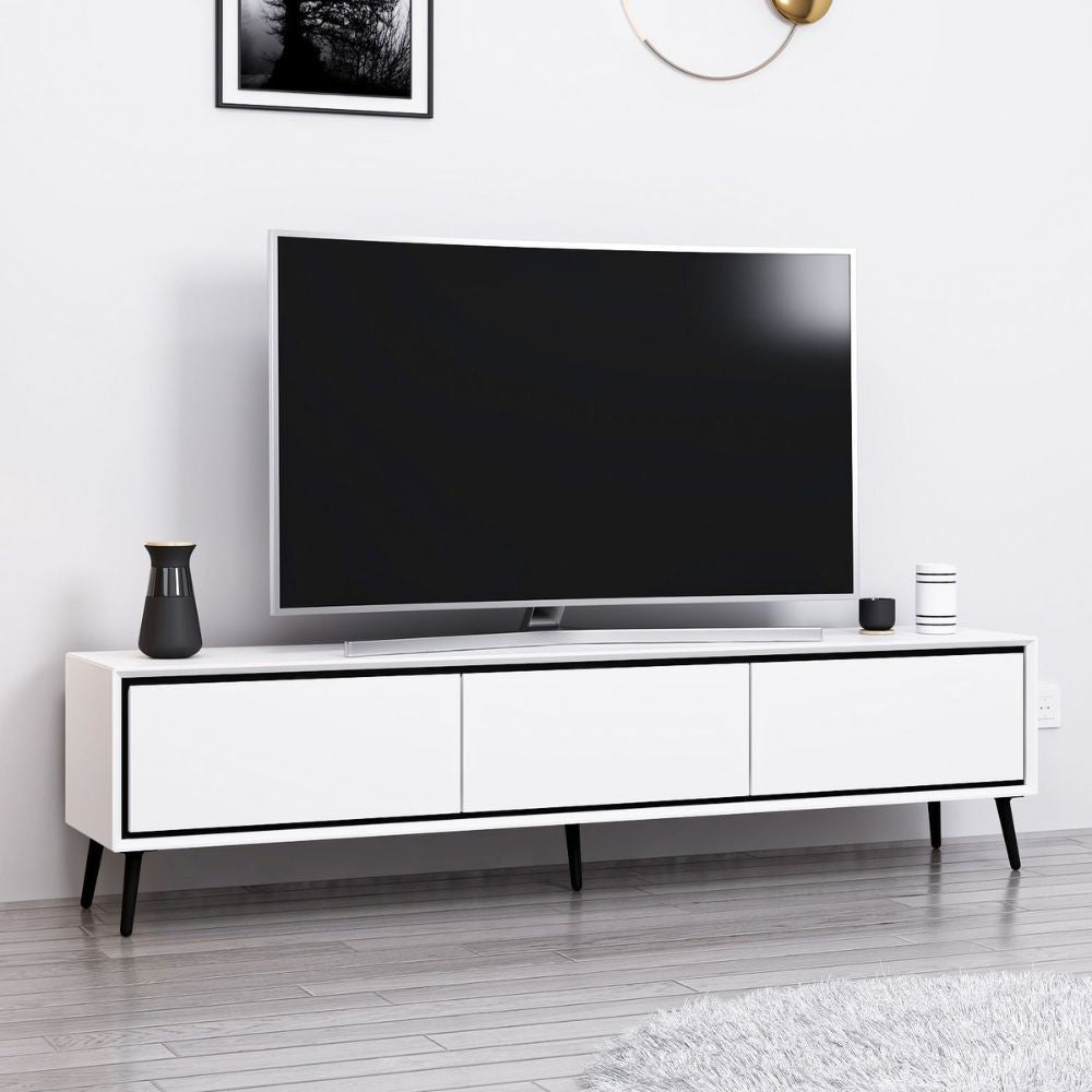 Porta TV Mandy bianco 180x35x45H con 3 ante e piedi neri