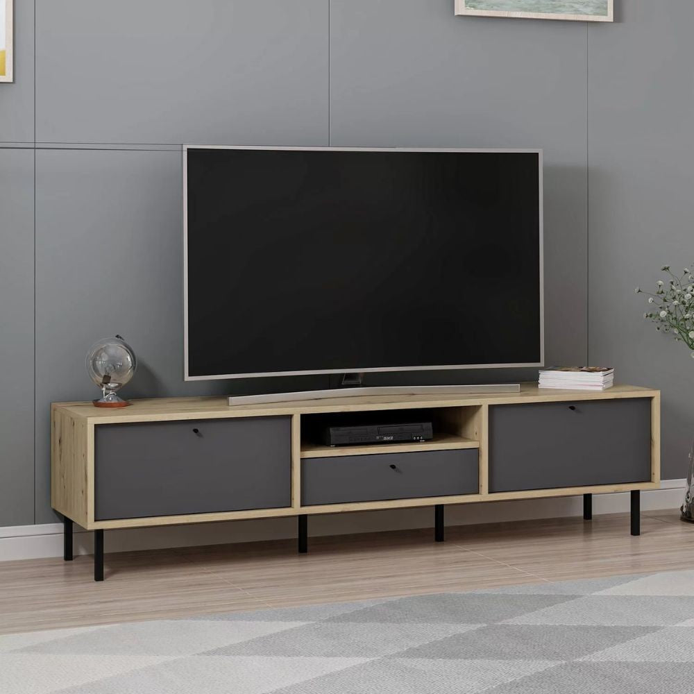 Porta TV Lida antracite e rovere 180x40x45H con 3 ante e vano a giorno
