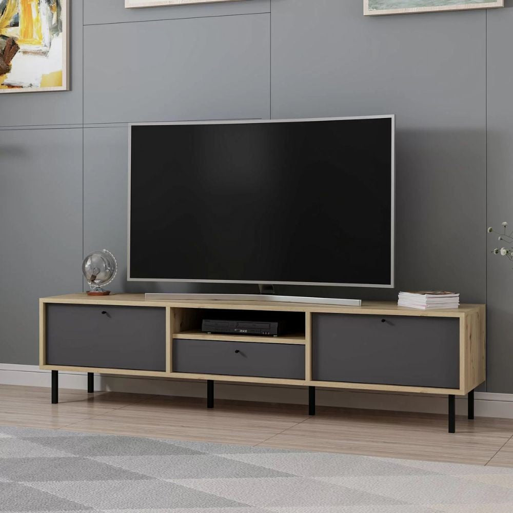Porta TV Lida antracite e rovere 180x40x45H con 3 ante e vano a giorno
