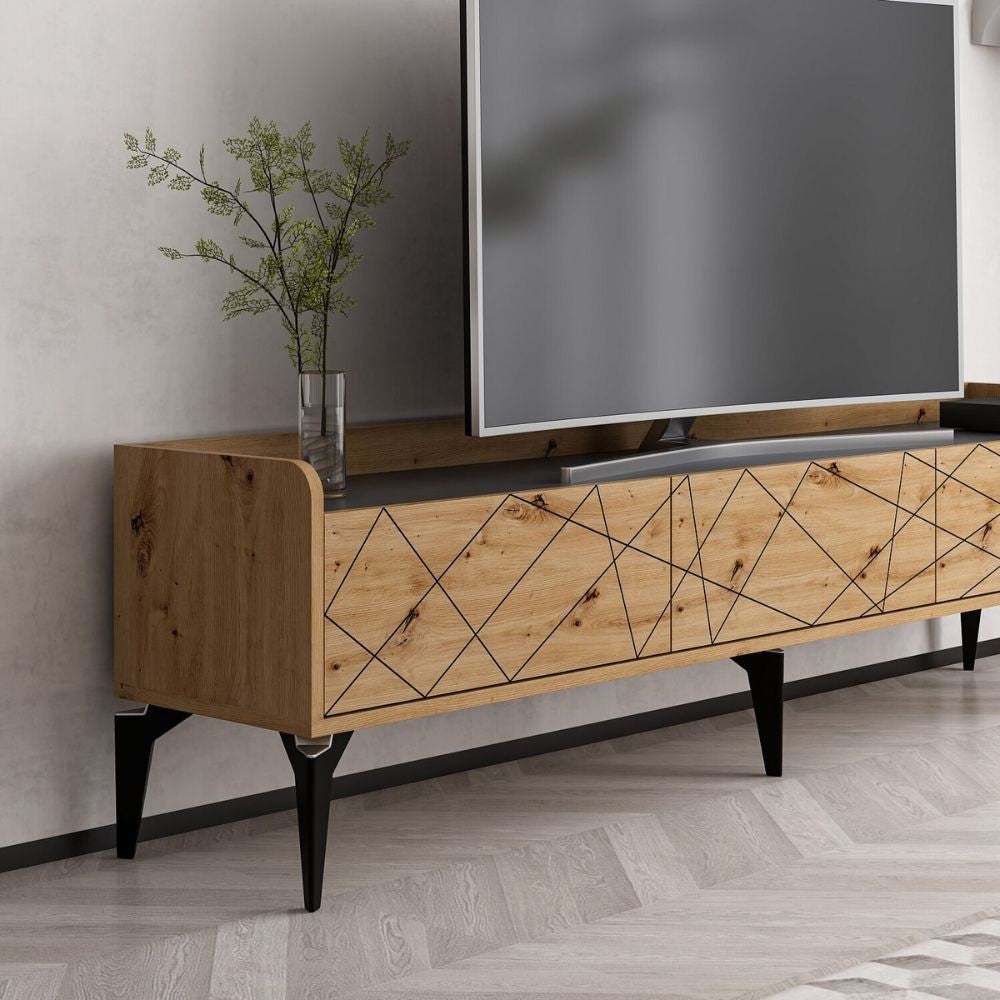 Mobile porta TV Raya rovere nodato 180x35x49H: Stile Geometrico e raffinatezza per un soggiorno di tendenza