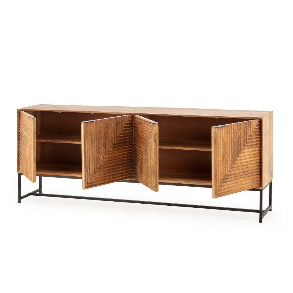 Credenza Nereida in legno massiccio di mango con gambe in metallo Nero 210x40x80H