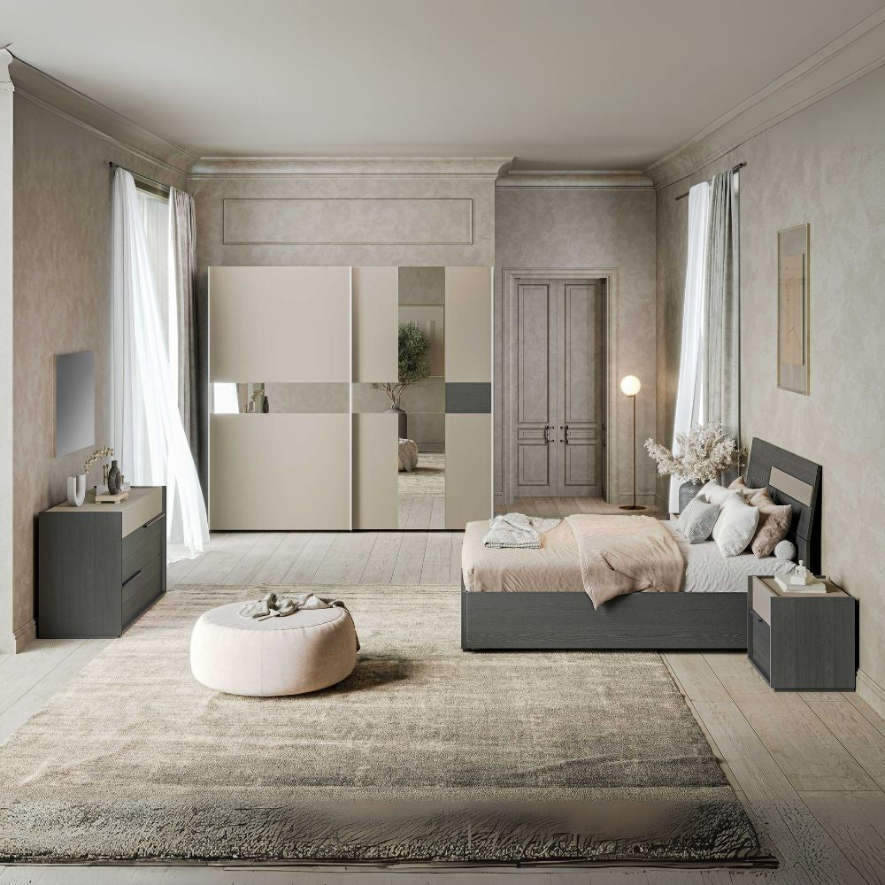 Camera da letto Tania grigio e talco armadio scorrevole con specchi e letto contenitore in legno