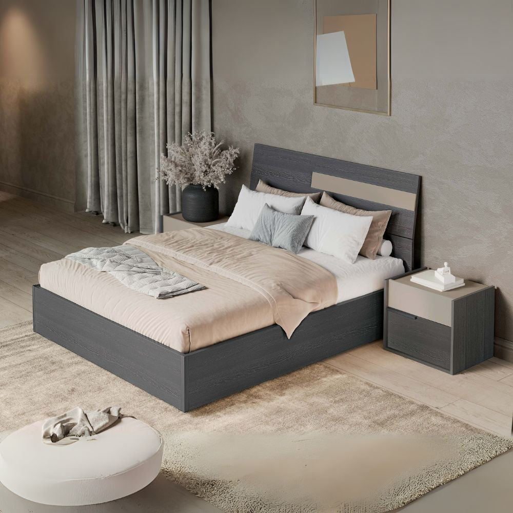 Camera da letto Tania grigio e talco armadio scorrevole con specchi e letto contenitore in legno