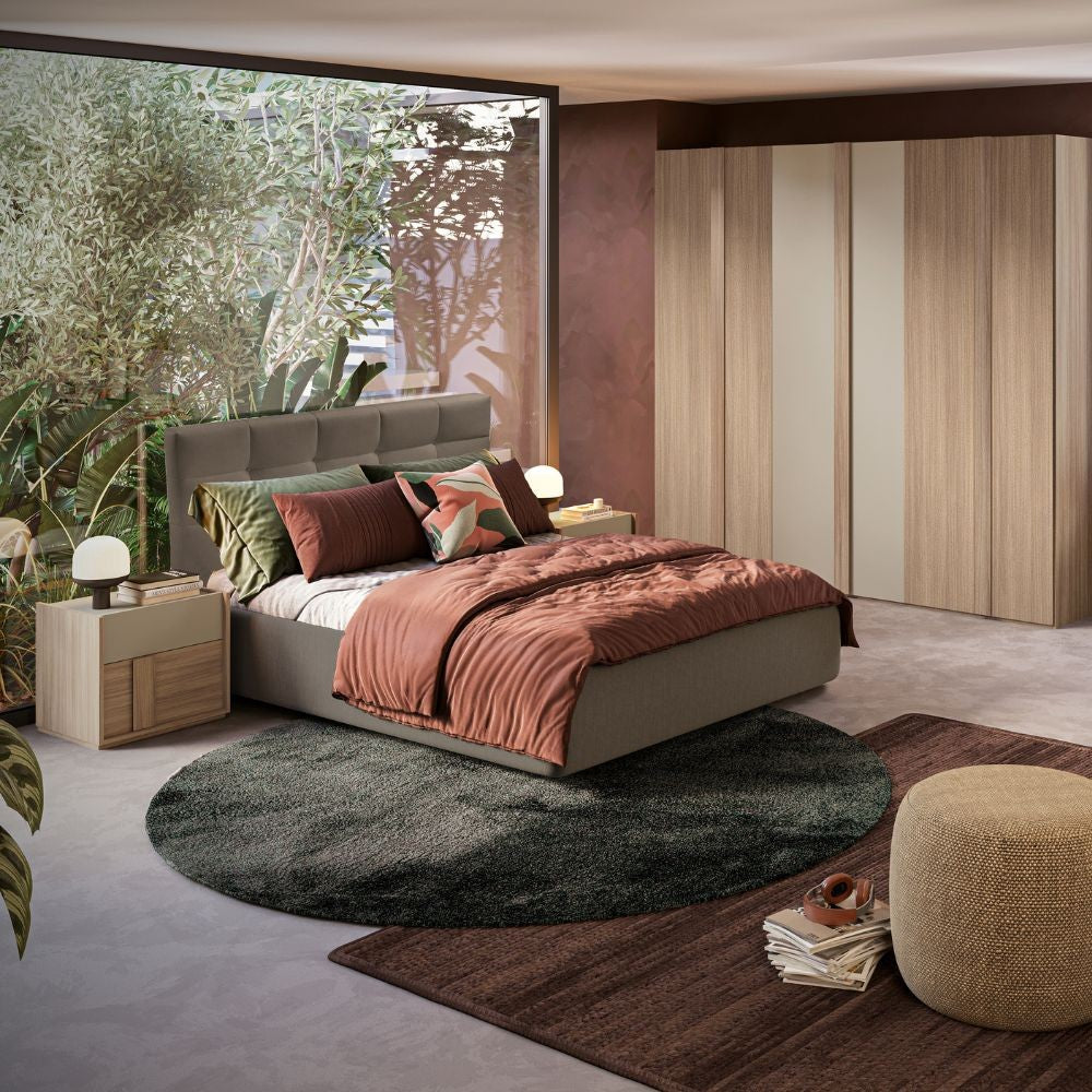 Camera da letto Faba con armadio 6 ante battenti noce e talco e letto contenitore Napoli