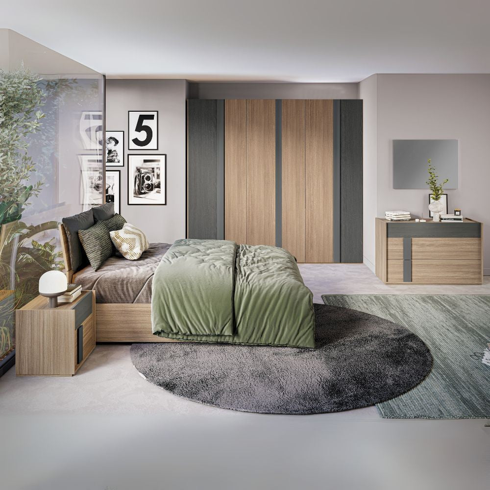 Camera da letto Faba armadio 6 ante noce e grigio e letto contenitore in legno noce