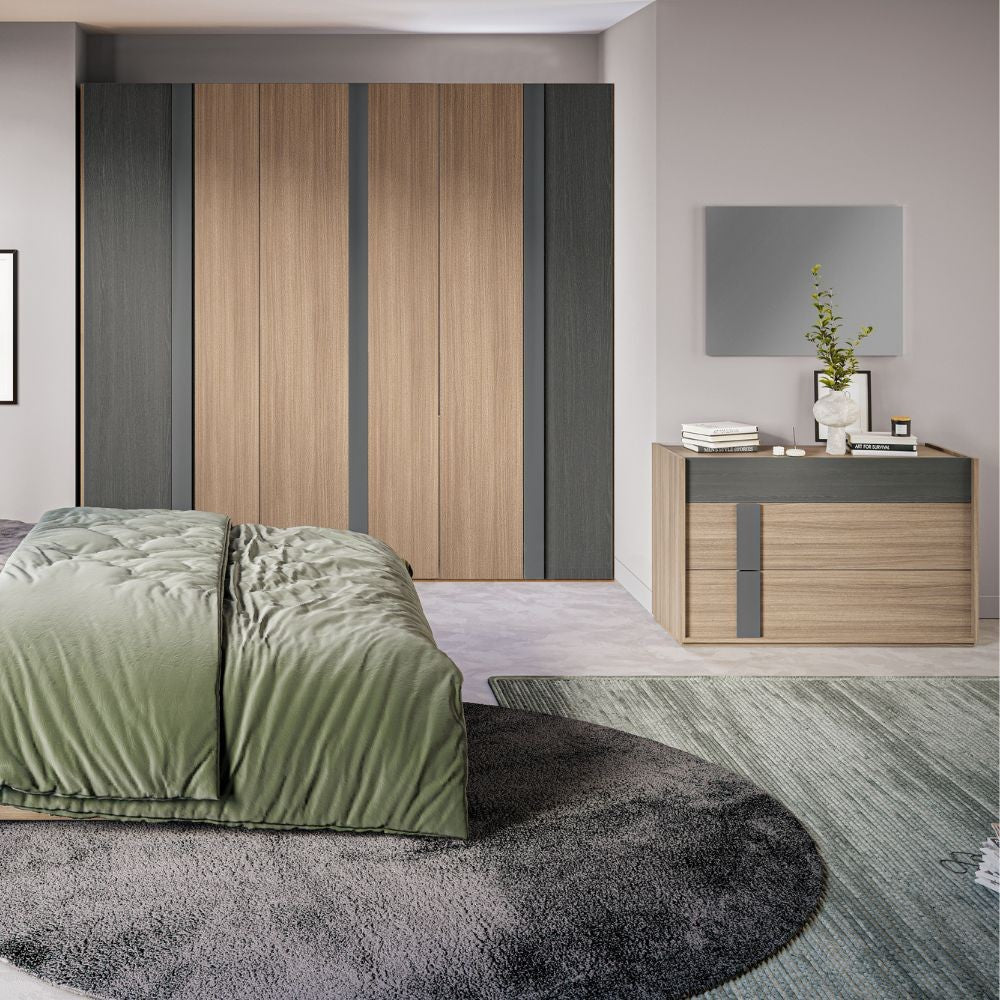 Camera da letto Faba armadio 6 ante noce e grigio e letto contenitore in legno noce