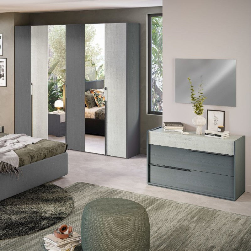 Camera da letto Faba armadio con specchi e ante grigio e cemento e letto contenitore Ascoli