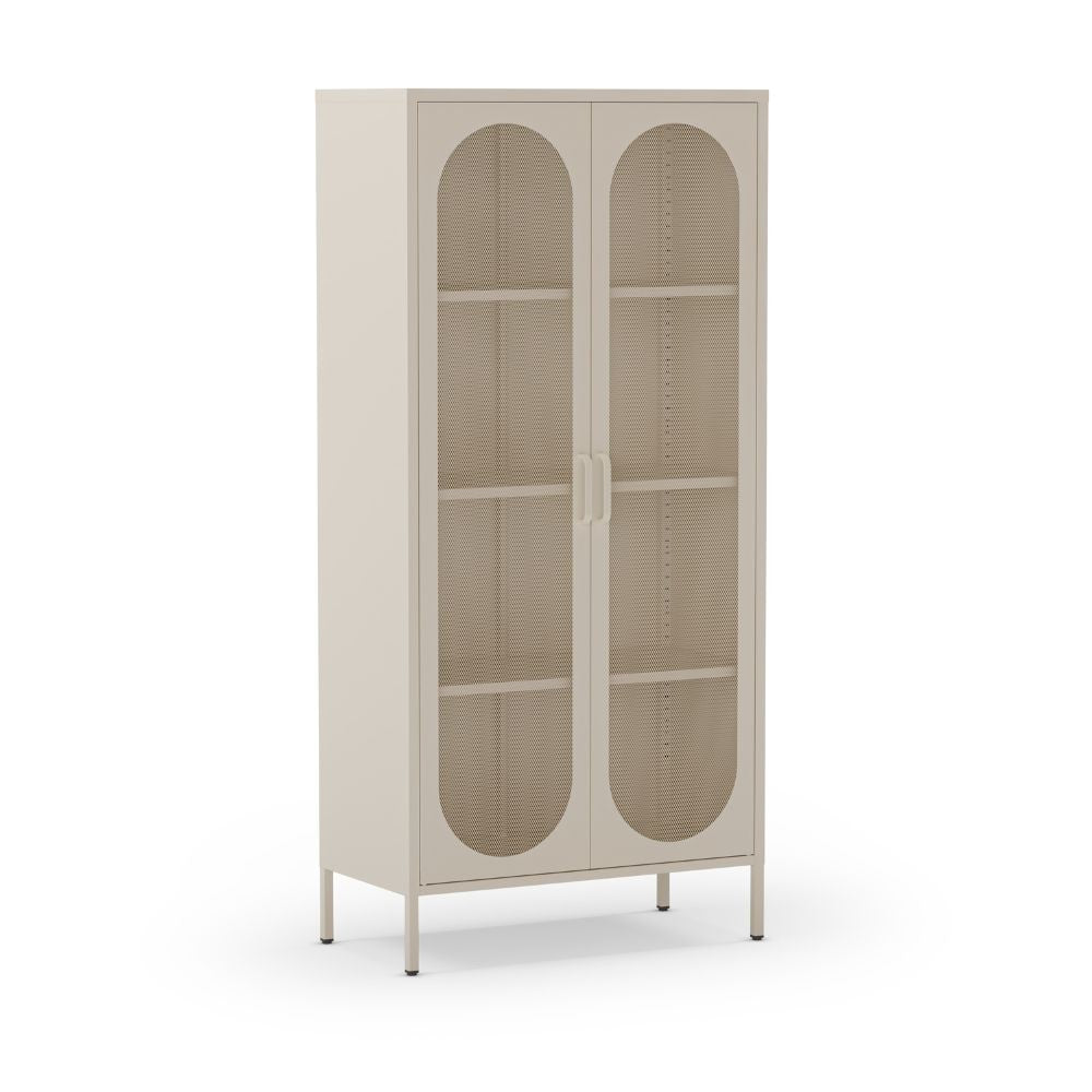 Credenza alta in metallo Diora crema con 2 ante reticolate e 3 ripiani - Design industriale, anima versatile