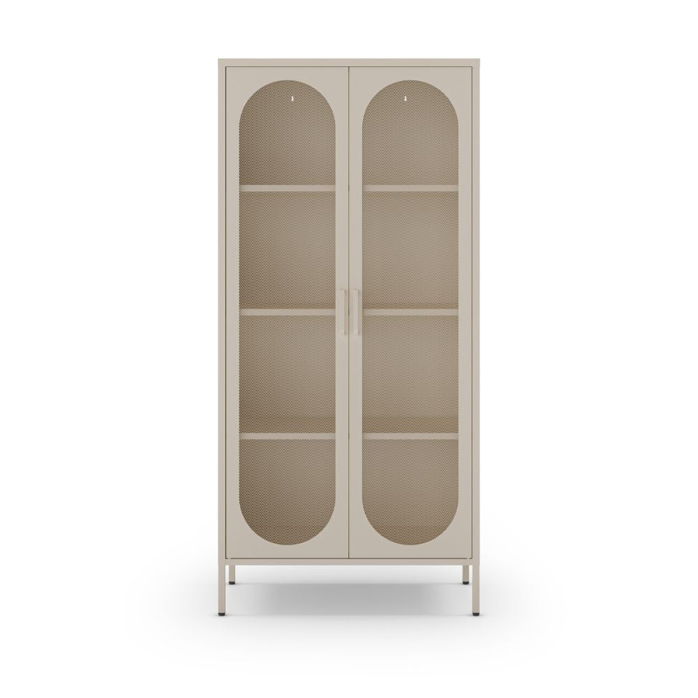 Credenza alta in metallo Diora crema con 2 ante reticolate e 3 ripiani - Design industriale, anima versatile