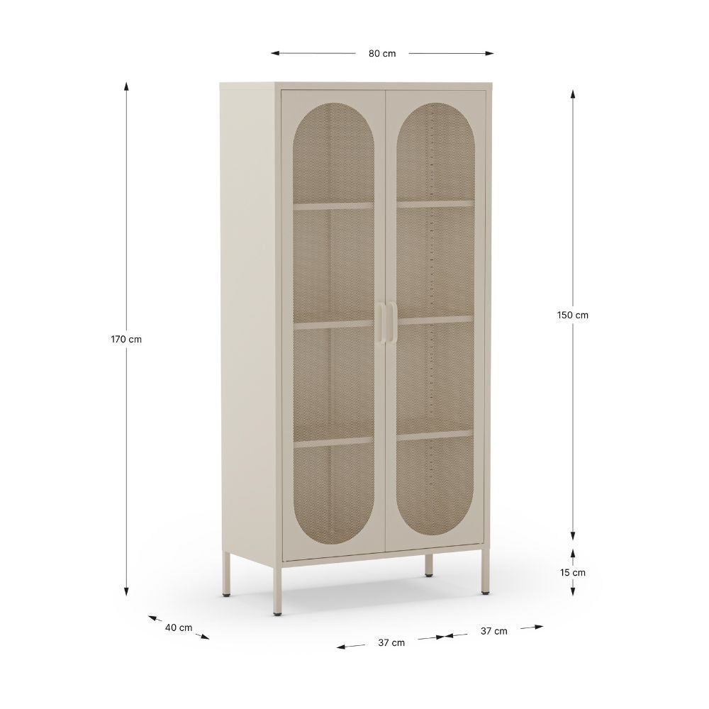 Credenza alta in metallo Diora crema con 2 ante reticolate e 3 ripiani - Design industriale, anima versatile