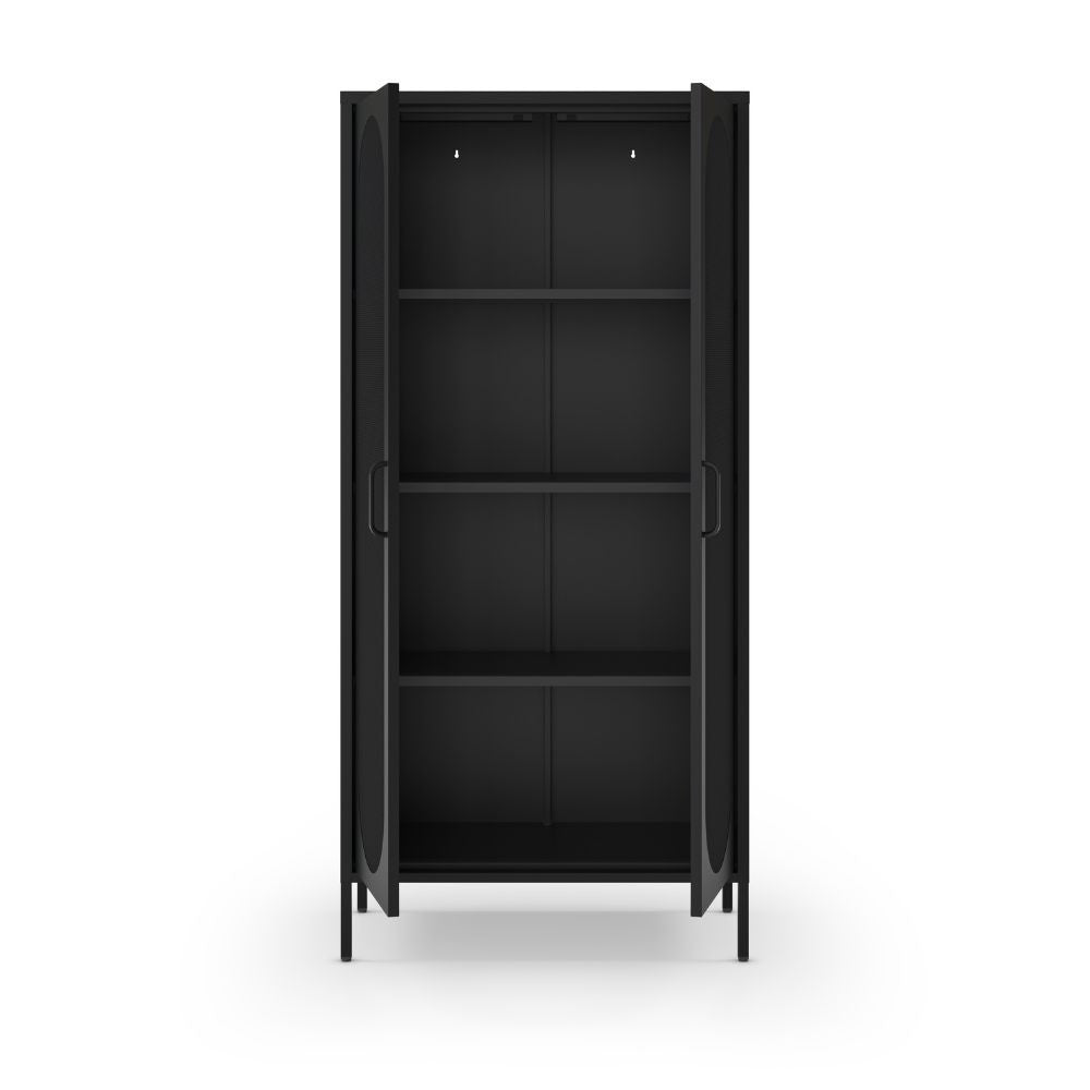 Credenza alta in metallo Diora nero con 2 ante reticolate e 3 ripiani - Design industriale, anima versatile