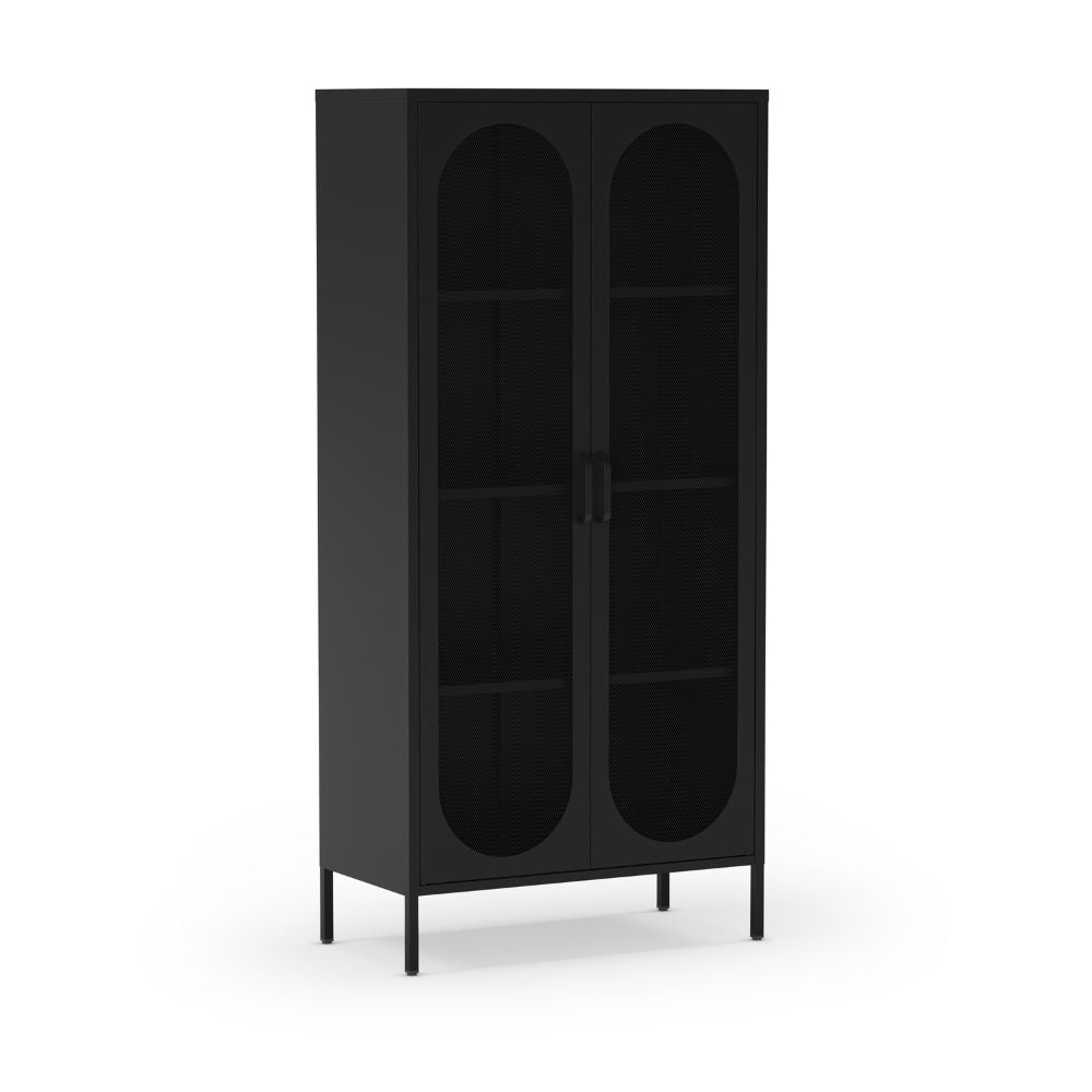 Credenza alta in metallo Diora nero con 2 ante reticolate e 3 ripiani - Design industriale, anima versatile