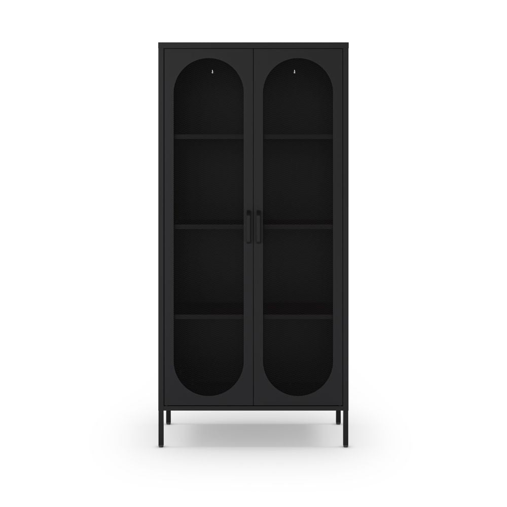 Credenza alta in metallo Diora nero con 2 ante reticolate e 3 ripiani - Design industriale, anima versatile