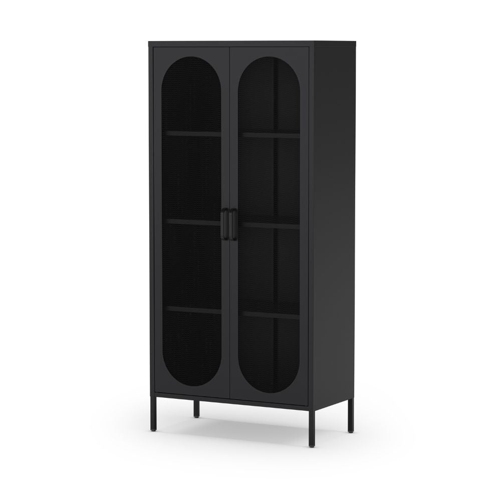 Credenza alta in metallo Diora nero con 2 ante reticolate e 3 ripiani - Design industriale, anima versatile