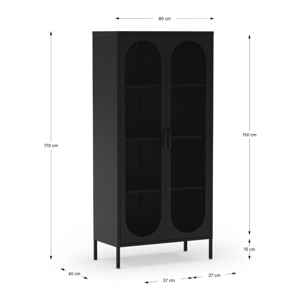 Credenza alta in metallo Diora nero con 2 ante reticolate e 3 ripiani - Design industriale, anima versatile