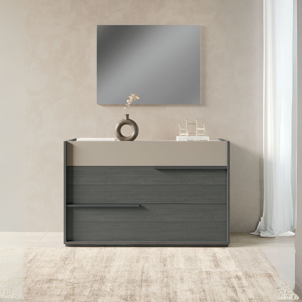 Camera da letto Tania grigio e talco armadio scorrevole con specchi e letto contenitore Ascoli