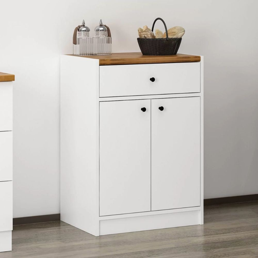 Mobile multiuso Viola con 2 ante e 1 cassetto 64x45x90H - Bianco con Top rovere scuro