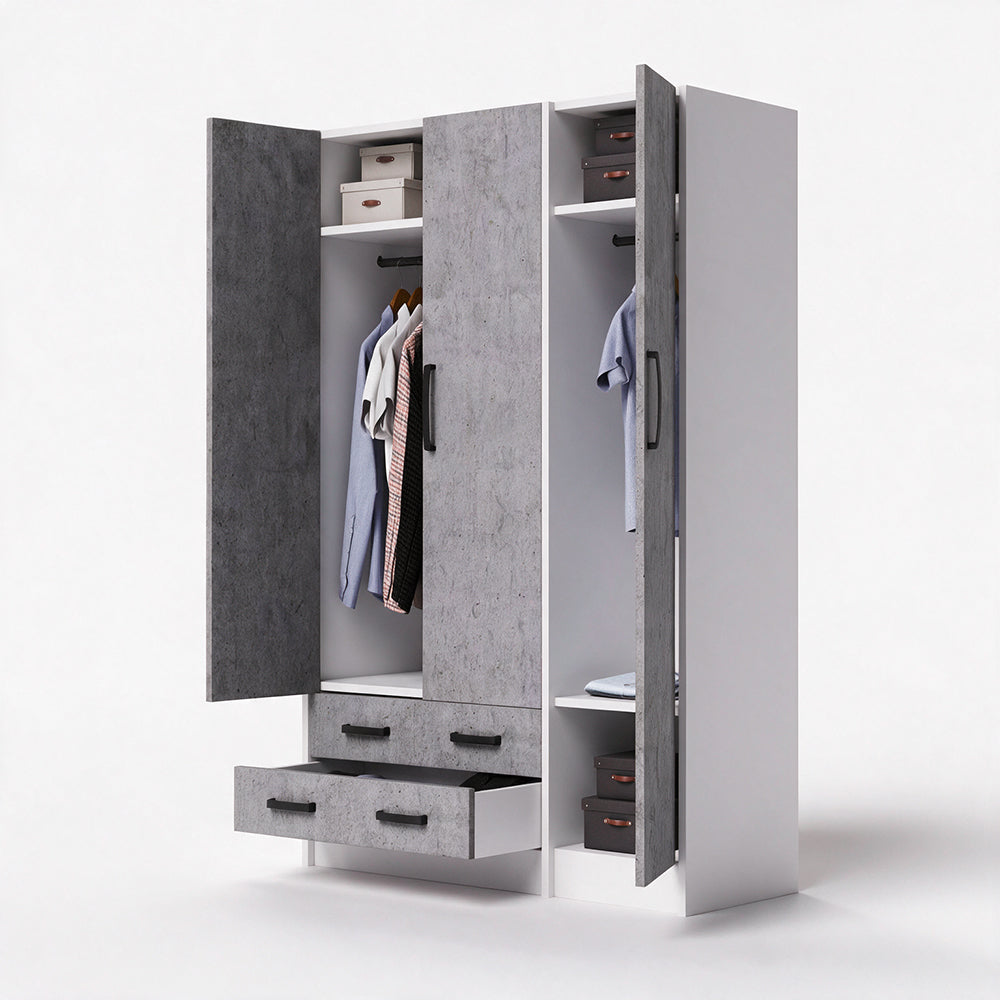 Kleiderschrank mit drei Türen und zwei Schubladen in Zementoptik 135x210H cm
