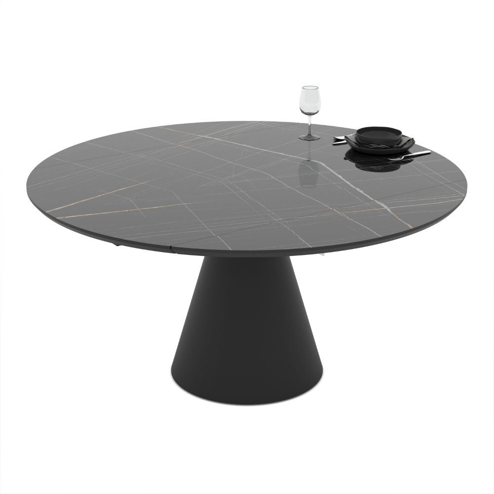 Tavolo girevole allungabile Yandan con piano effetto marmo nero lucido e base conica in metallo nero 150x94x76H