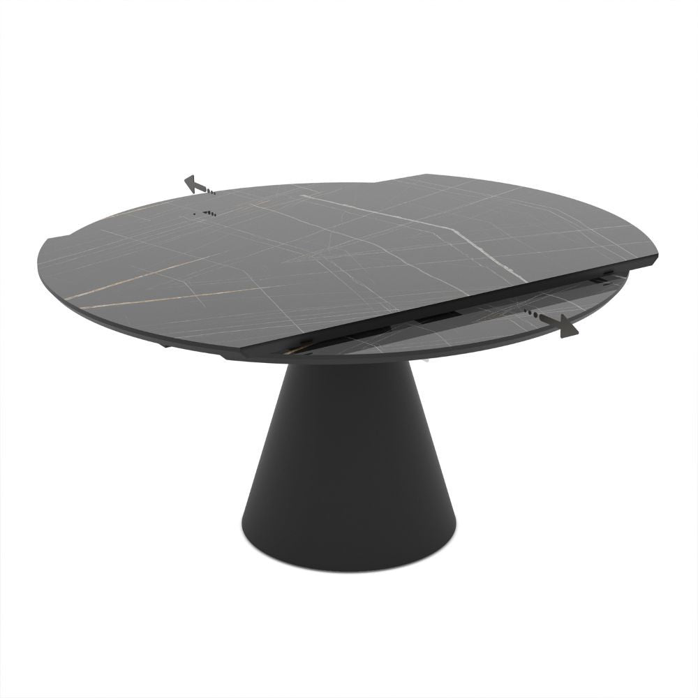 Tavolo girevole allungabile Yandan con piano effetto marmo nero lucido e base conica in metallo nero 150x94x76H