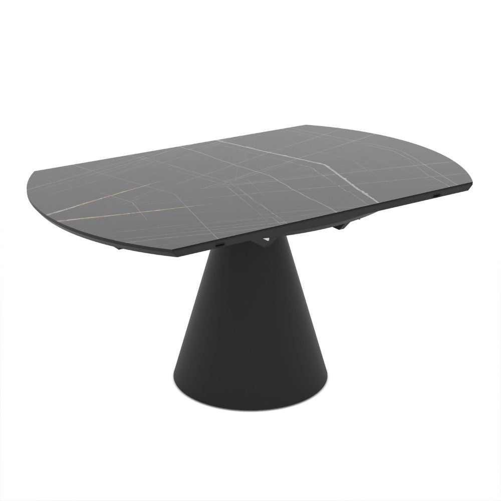 Tavolo girevole allungabile Yandan con piano effetto marmo nero lucido e base conica in metallo nero 150x94x76H