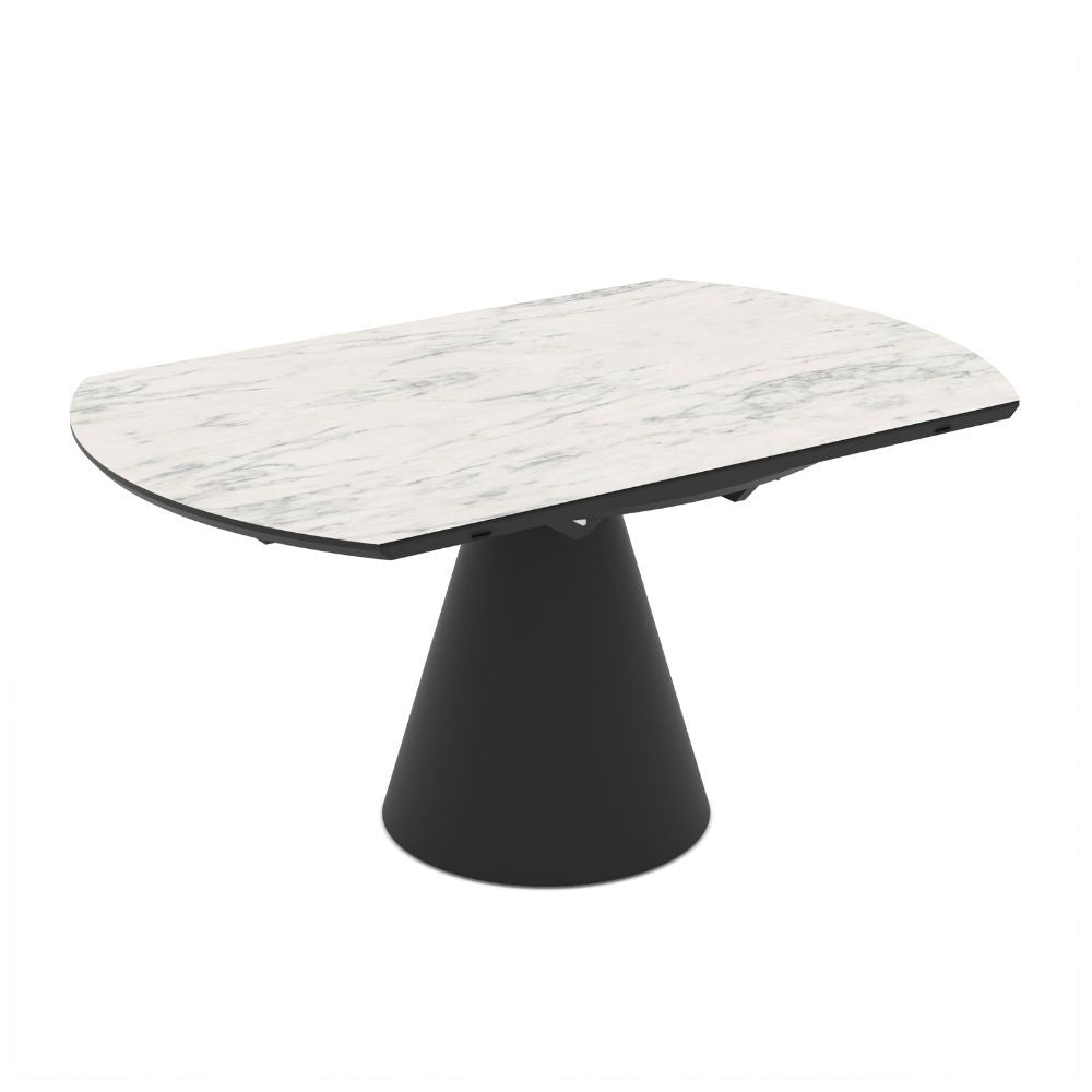 Tavolo girevole allungabile Yandan con piano effetto marmo bianco opaco e base conica in metallo nero 150x94x76H