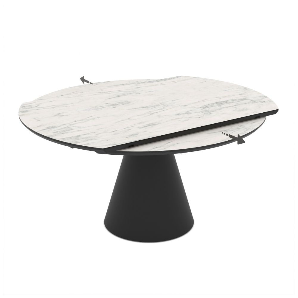 Tavolo girevole allungabile Yandan con piano effetto marmo bianco opaco e base conica in metallo nero 150x94x76H