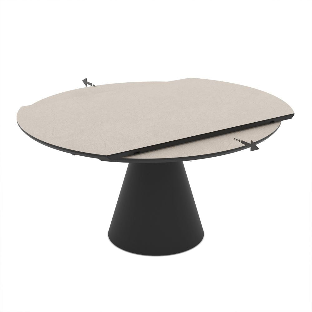 Tavolo girevole allungabile Yandan con piano colore cashmere e base conica in metallo nero 150x94x76H