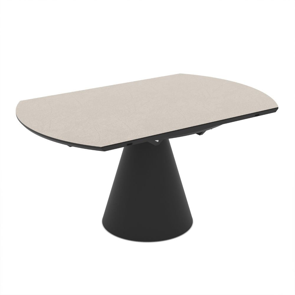 Tavolo girevole allungabile Yandan con piano colore cashmere e base conica in metallo nero 150x94x76H