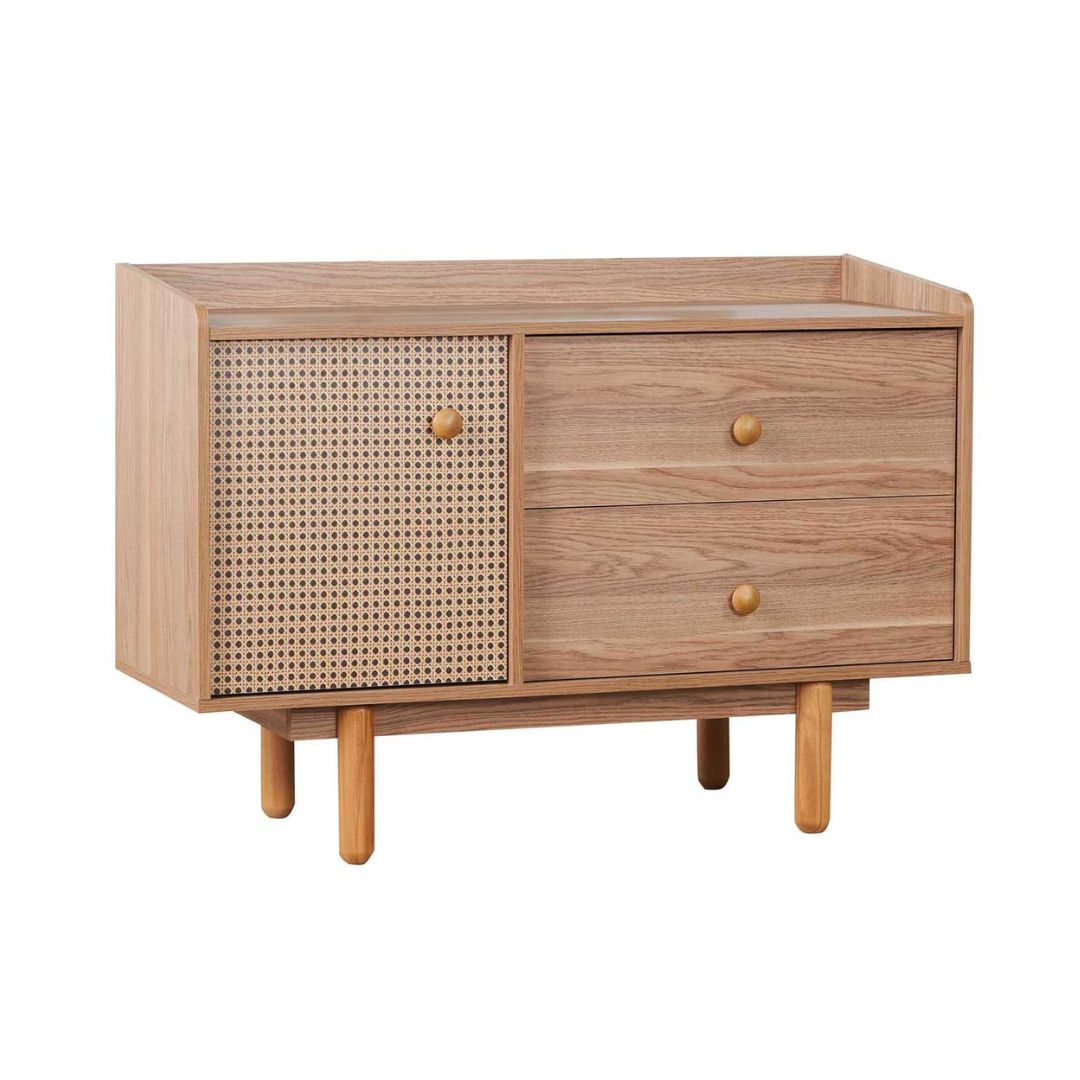 Chambre Nature coloris chêne miel effet cannage et armoire miroir