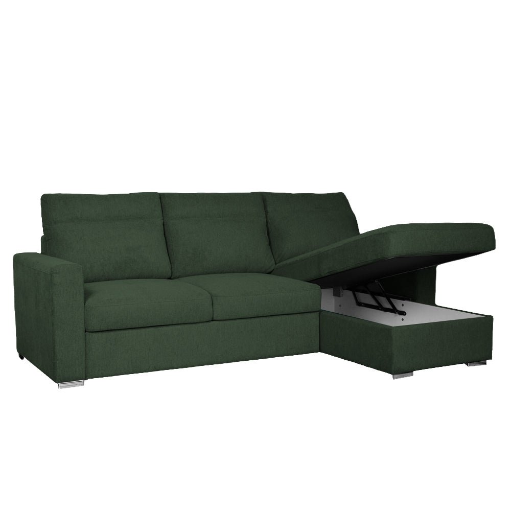 Divano con letto estraibile e penisola contenitore reversibile verde Elba