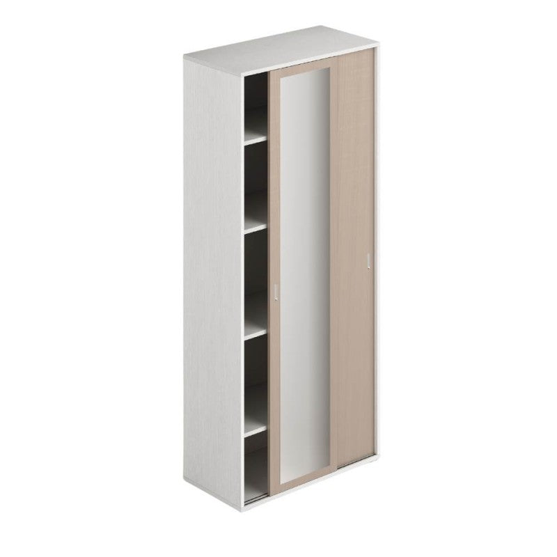 Armadio a due ante scorrevoli con specchio e ripiani colore bianco frassinato e olmo 90x212H cm
