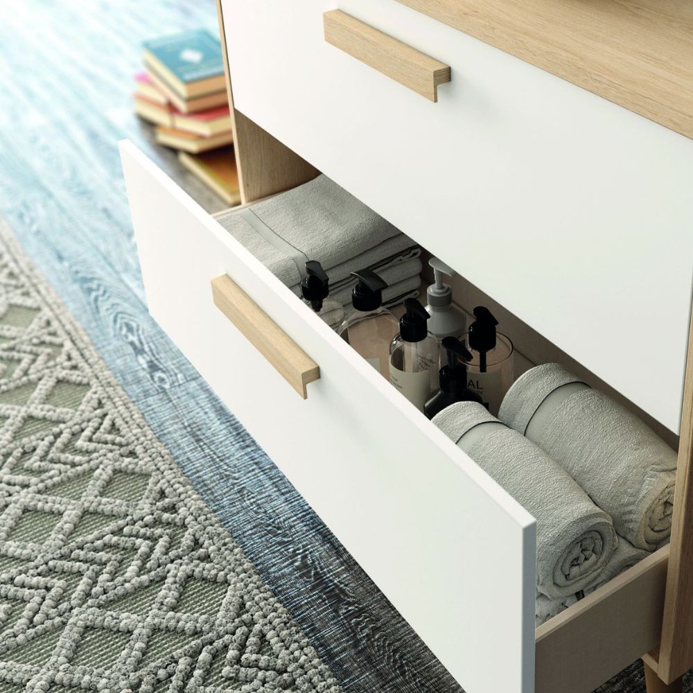 CNB074RJ BADMÖBEL-SET NORDIC EICHE-STRUKTUR UND WEISSE FRONTEN MIT ZWEI SCHUBLADEN 80*45*85 CM H FÜSSE 26,5