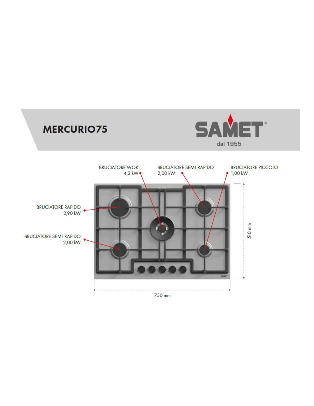 Table de cuisson à gaz 5 feux en acier inoxydable 75 cm couleur inox - Samet Mercurio