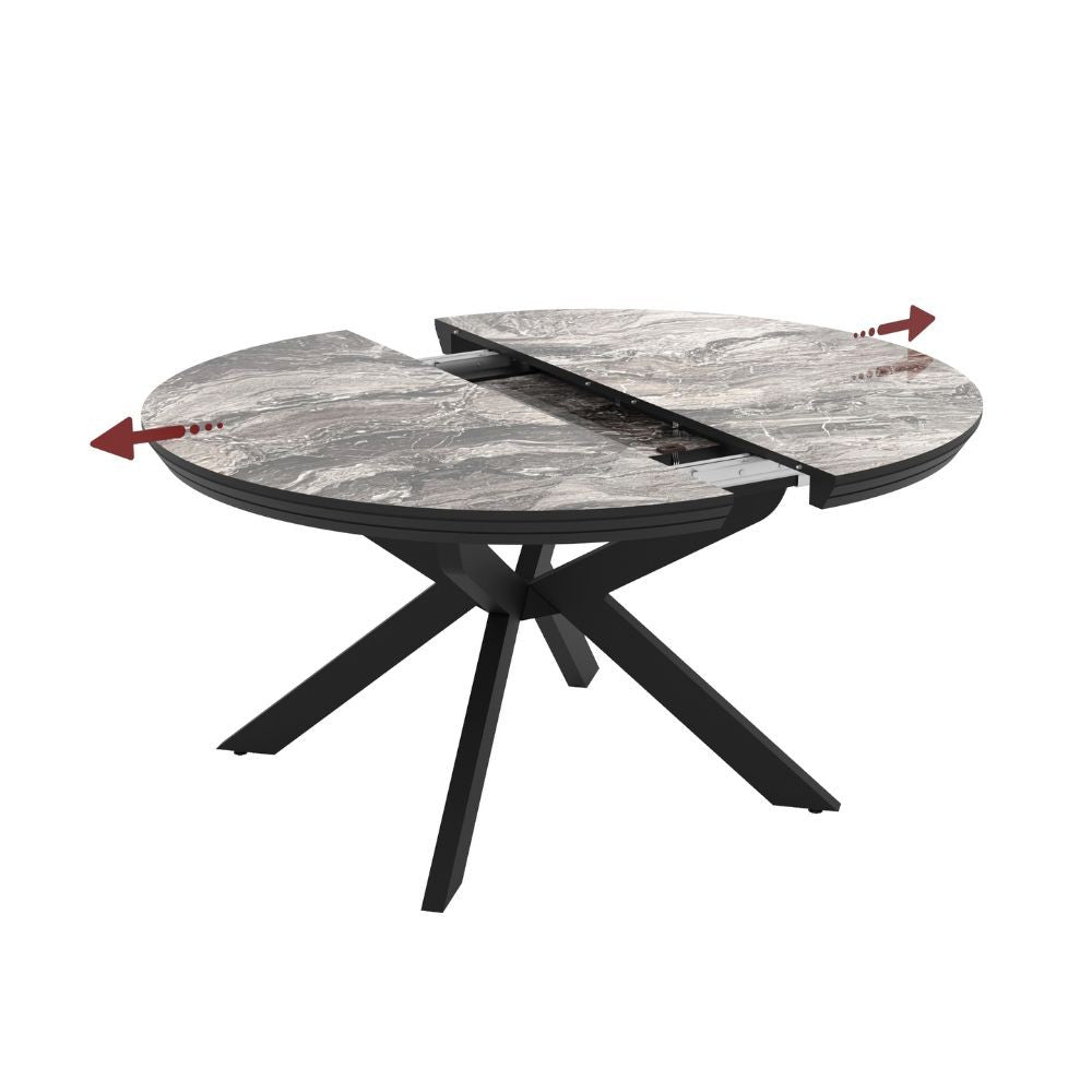 Tavolo rotondo allungabile Meli effetto marmo nero lucido con gambe nere 138x138x76H