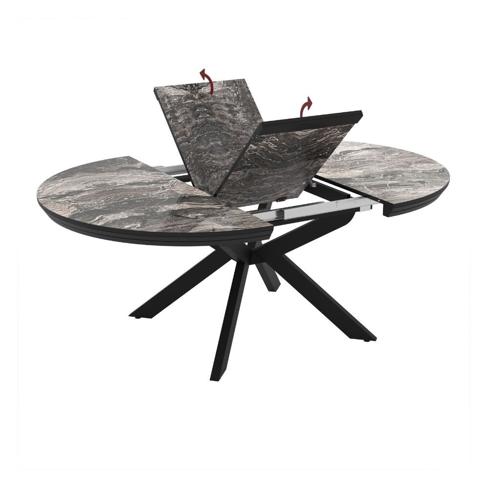 Tavolo rotondo allungabile Meli effetto marmo nero lucido con gambe nere 138x138x76H