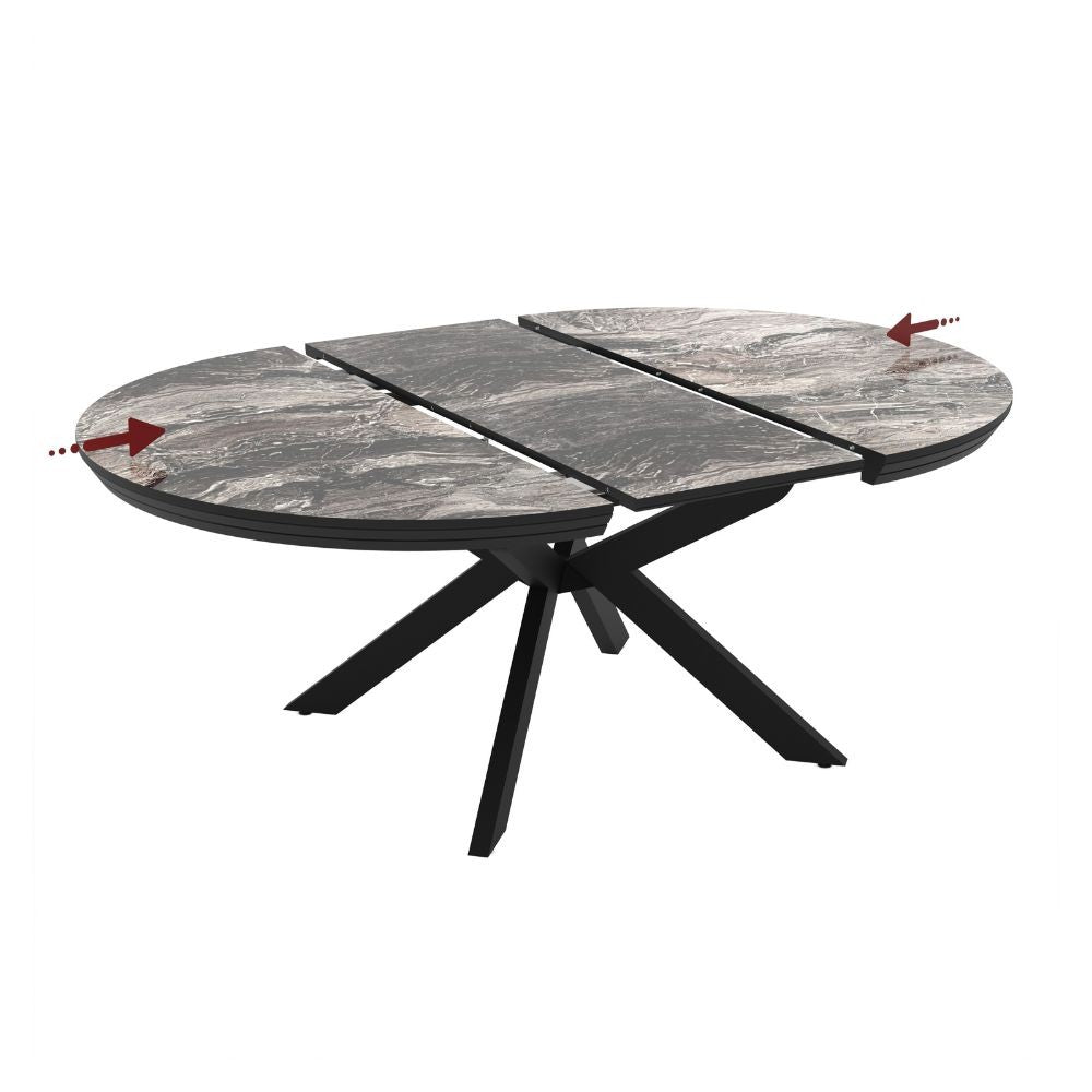 Tavolo rotondo allungabile Meli effetto marmo nero lucido con gambe nere 138x138x76H