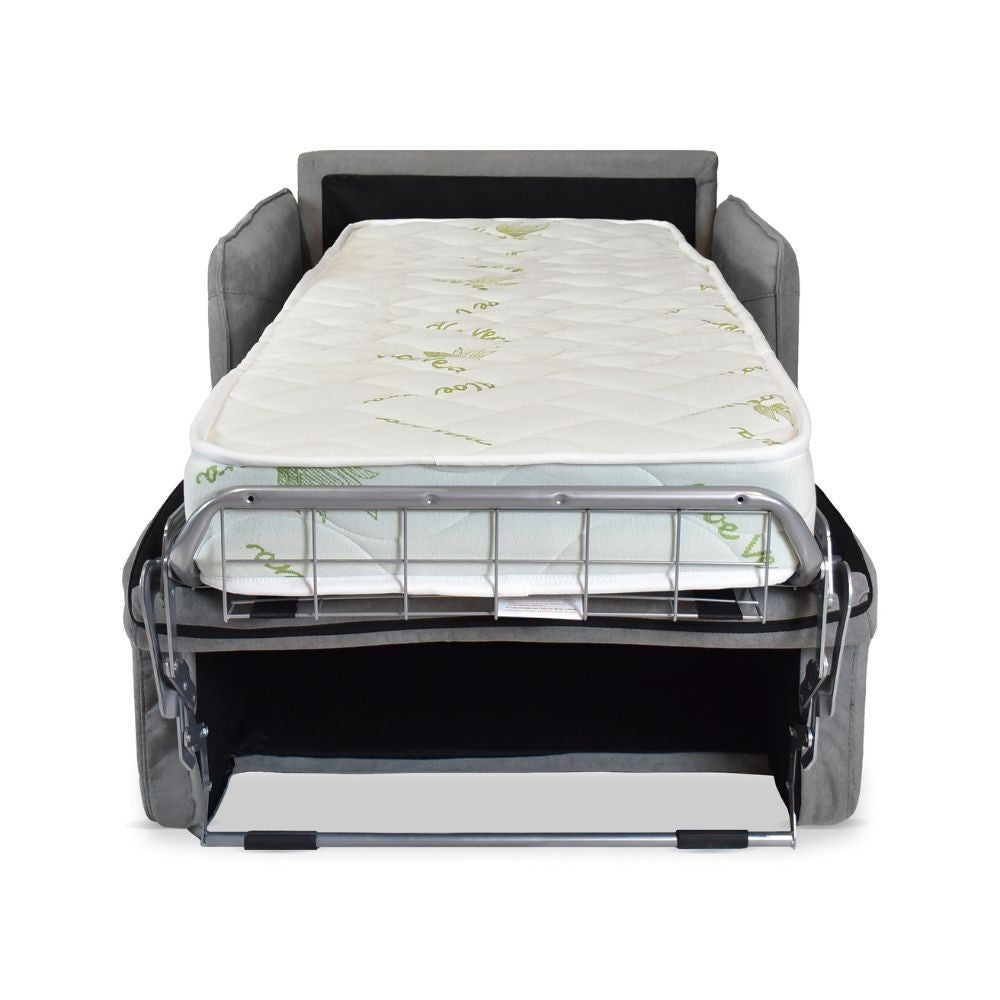 Poltrona letto Piri grigio con rete elettrosaldata e materasso - Il comfort che si apre al bisogno
